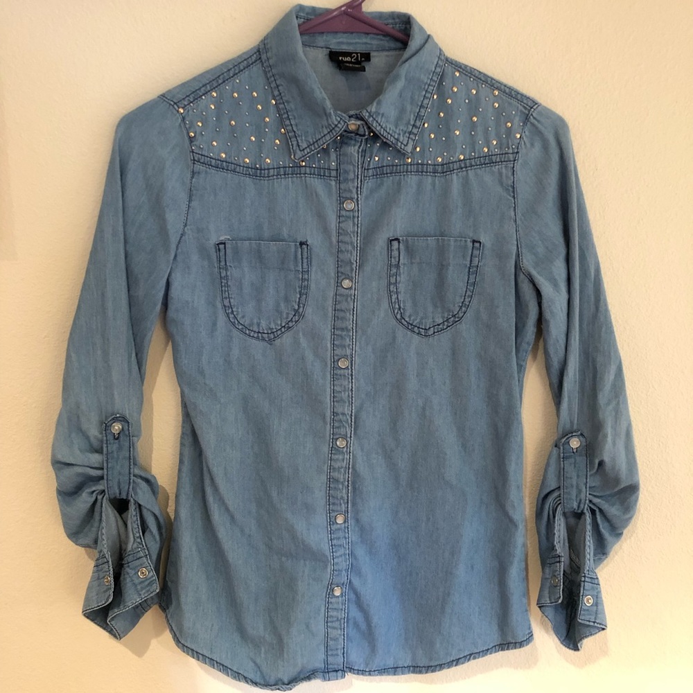 🌻  Rue 21 Jean style shirt with bling Sz Small